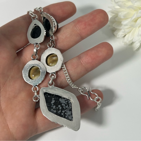Black Onyx Snowflake Obsidian Shiva Eye Shell Necklace Antique Style Silver New - Picture 6 of 7
